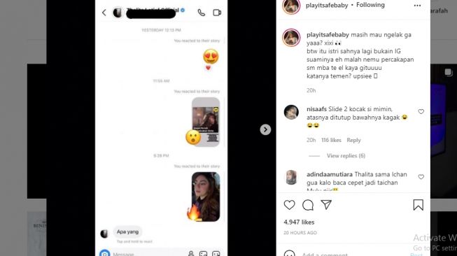 Chat berisi dugaan mengenai Thalita Latief yang disebut ada hubungan dengan pria beristri [Instagram/@playitsafebaby]