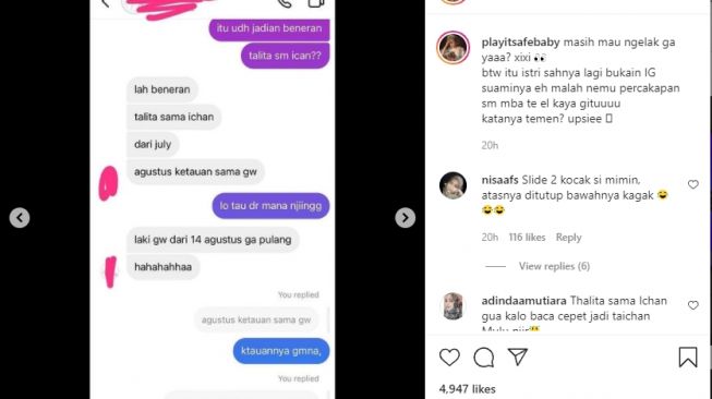 Chat berisi dugaan mengenai Thalita Latief yang disebut ada hubungan dengan pria beristri [Instagram/@playitsafebaby]