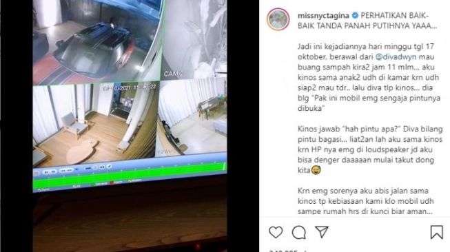 Nycta Gina ketakutan lihat rekaman CCTV di rumahnya. [Instagram/@missnyctagina]