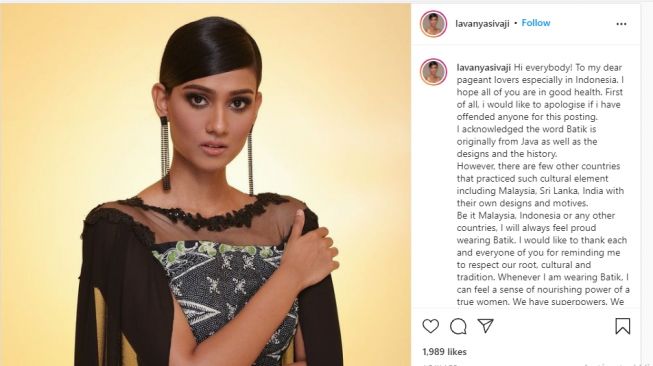 Klaim Batik dari Malaysia, Ini Fakta Seputar Miss World Malaysia Lavanya Sivaji