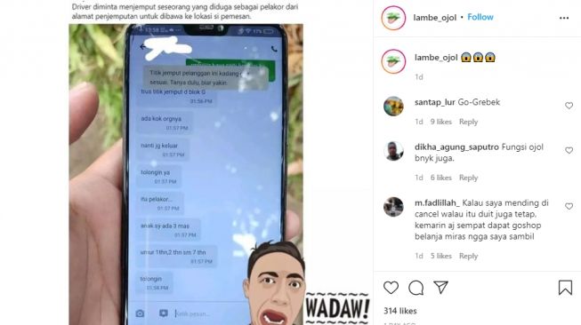 Percakapan ojol dengan pemesan bikin geleng-geleng kepala cuma karena pelakor (Instagram)