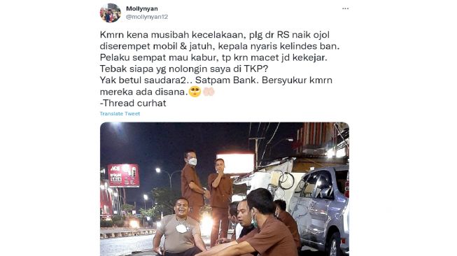 Curhatan wanita yang ditolong satpam bank usai kecelakaan viral di media sosial (Twitter)