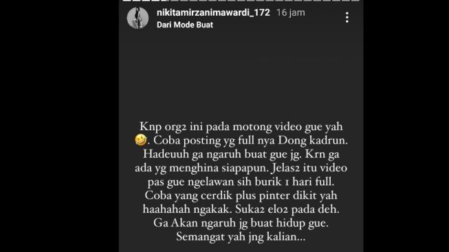 reaksi Nikita Mirzani mengenai kehebohan video yang menyebut dirinya melakukan pelecehan bacaan salat [Instagram/@nikitamirzanimawardi_172]