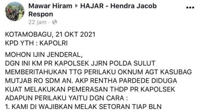 viral surat terbuka para kapolsek mengaku diperas biro SDM Polda Sulut. (tangkapan layar/facebook)