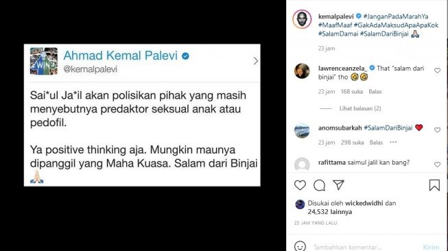 Komentar Kemal Palevi soal Saipul Jamil yang tak mau disebut predator seksual atau pedofil. [Instagram]