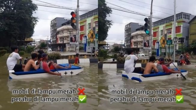 Viral Pemuda Naik Perahu Berhenti di Lampu Merah, Publik Melongo: Cuma Ada di +62