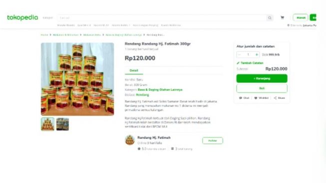 Rendang Hj Fatimah yang juga dijual melalui Tokopedia. [Dok.Istimewa]