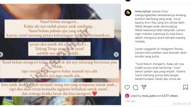 Curhat Larissa Chou minta Alvin Faiz perhatikan anak [Instagram/@insta.nyinyir]