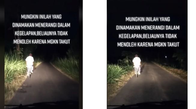 Pesepeda tua mendapatkan penerangan dari pemobil agar jalan terlihat lebih terang (TikTok)