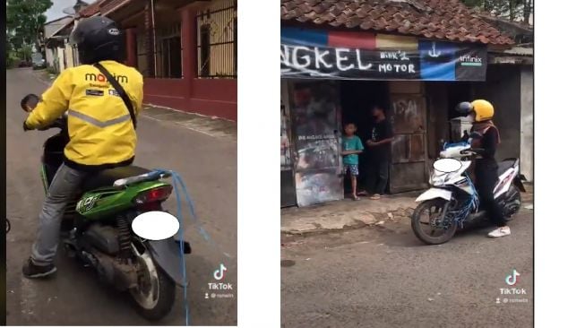 Ojol menarik motor dengan menggunakan tali rafia (TikTok)