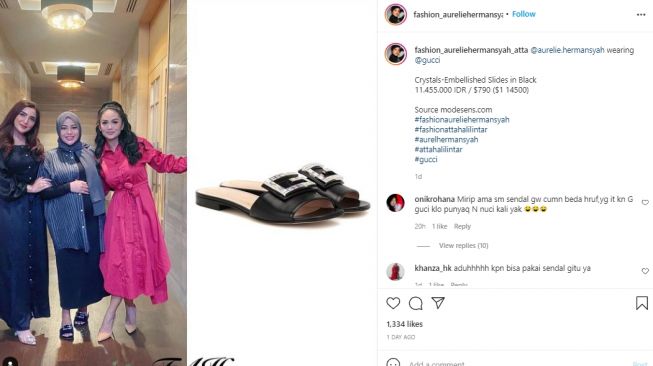 Aurel Hermansyah pakai sandal Gucci. (Instagram/@fashion_aurelhermansyah_atta)