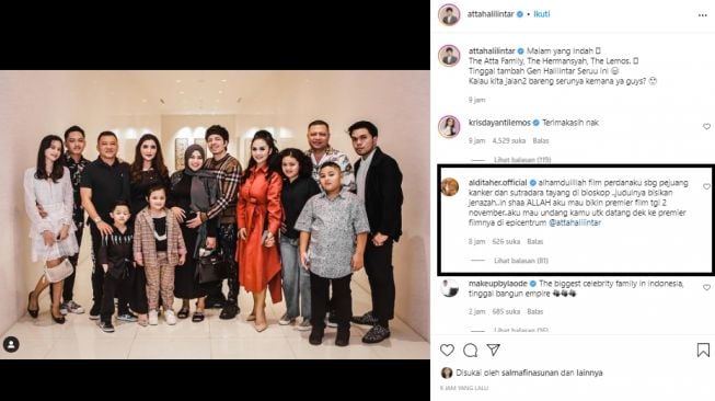 Komentar Aldi Taher di postingan Atta Halilintar (instagram.com)