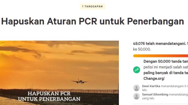 Petisi tolak tes PCR untuk Penerbangan. (Dok. Change.org)