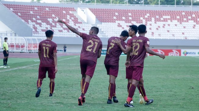 Pemain Sriwijaya FC saat selebrasi gol tanding Semen Padang [Official Sriwijaya FC]