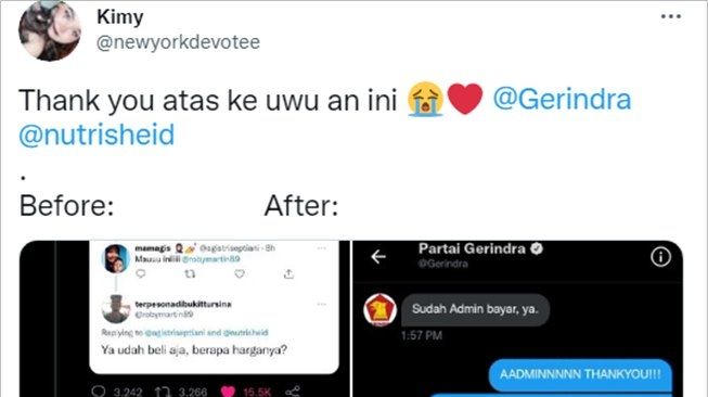 Viral wanita iseng minta belikan makeup ke akun Twitter Partai Gerindra, responsnya menghebohkan. (Twitter/@newyorkdevotee)