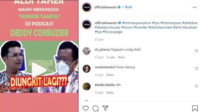 Unggahan soal Aldi Taher [Instagram/@officialinewstv]