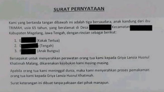 Viral surat pernyataan anak serahkan ibunya ke panti jompo di Malang. [Instagram @magelang_raya]