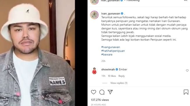 Ivan Gunawan peringatkan warganet untuk berhati-hati pada oknum yang mengataskanamakannya [Instagram/@ivan_gunawan]