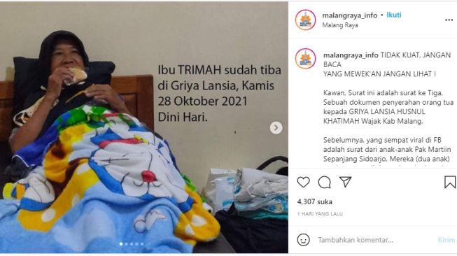 Ibu Triamah sebatangkara di Griya Lansia Malang [Foto: Tangkapan layar Instagram]