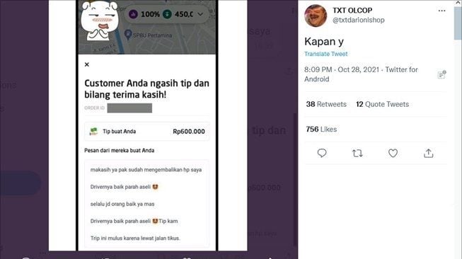 Driver ojol dapat tips setara uang makan satu bulan, jadi sorotan. (Twitter/@txtdarionlshop)