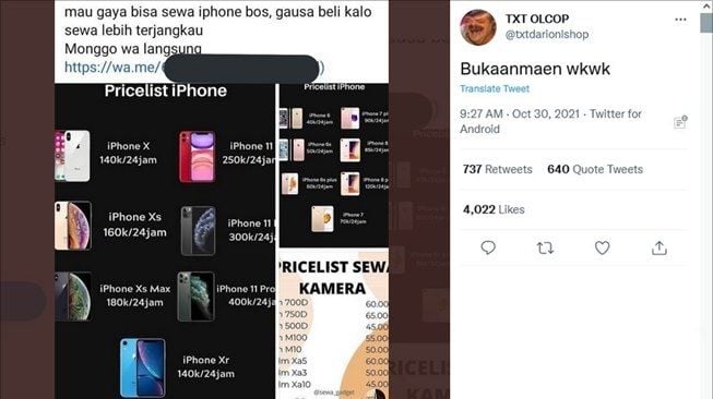 Viral Jasa Sewa Ponsel iPhone, Tarif per Harinya Jadi Sorotan. (Twitter/@txtdarionlshop)