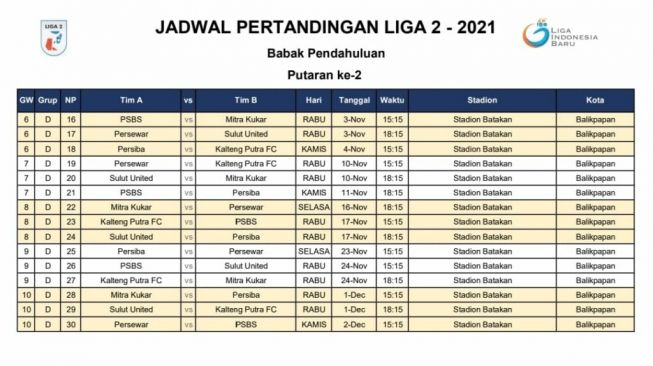 Jadwal Pertandingan Liga 2 Putaran Kedua di Stadion Batakan Balikpapan. [Inibalikpapan.com]