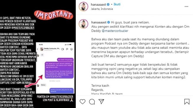 Unggahan Hana Hanifah [Instagram/@hanaaaast]