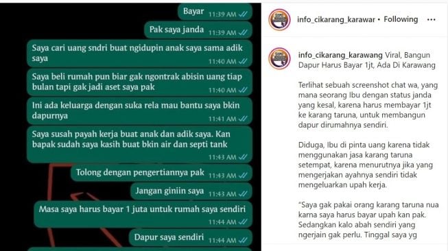 Bukti whatsapp yang beredar di sosial media Cikarang-Karawang.[Instagram]