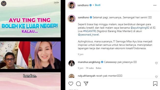 Unggahan soal Ayu Ting Ting [Instagram/@sandiuno]