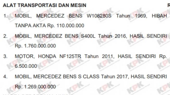 Koleksi kendaraan Erick Thohir (E-LHKPN)