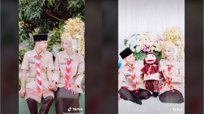 Pasangan Pengantin Menikah dengan Seragam Pramuka (tiktok.com/@putriaryautami08)