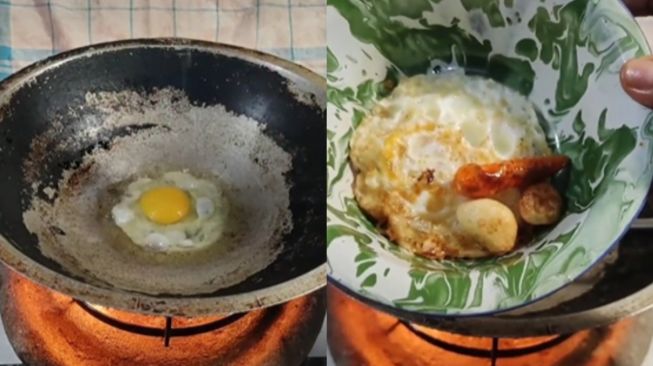 Wanita masak telur pakai tisu. (Tiktok/@resep_debm)