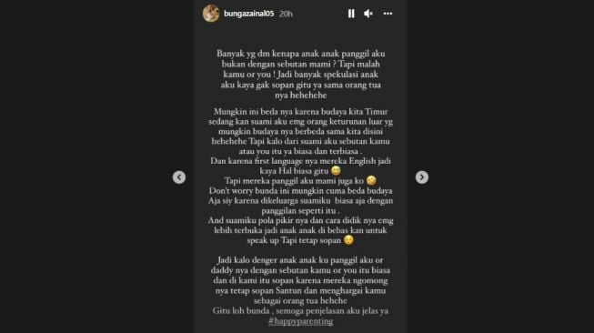 Unggahan Bunga Zainal soal panggilan sang anak. [Instagram/bungazainal05]