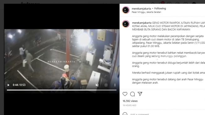 Viral aksi geng motor rampok tempat cuci motor di pasar minggu, jaksel. (instagram)