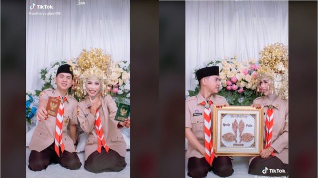 Pasangan Pengantin Menikah dengan Seragam Pramuka (tiktok.com/@putriaryautami08)