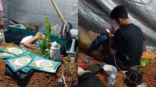 Pria Tidur di Samping Makam Viral, Pasang Tikar Hingga Ada Kipas Angin dan Cemilan