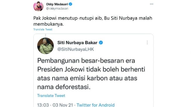 Respons publik terhadap cuitan Menteri LHK Siti Nurbaya Bakar (twitter)