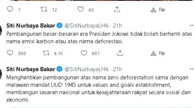 Cuitan Menteri LHK Siti Nurbaya Bakar (twitter)