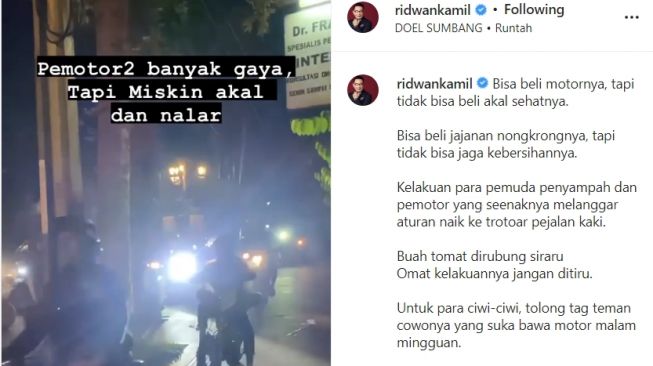 Ridwan Kamil menyoroti aksi para pemotor yang melintas di trotoar (Instagram)