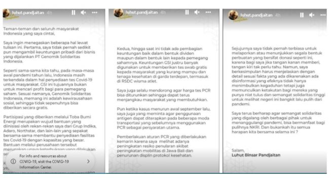 Klarifikasi Menko Luhut soal bisnis tes PCR (instagram)