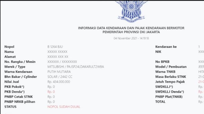 Data pajak kendaraan Mitsubishi Pajero Sport yang diduga dikendarai Vanessa Angel (Samsat DKI)