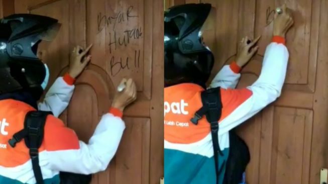 Wanita mencorat-coret pintu rumah nasabah untuk menagih utang. (Tiktok)