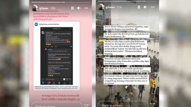 Gita Savitri memberikan pandangannya di Instagram terkait kasus pelecehan seksual mahasiswi oleh dosen di Riau. [Tangkapan layar/@gitasav]