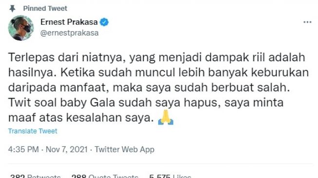 Unggahan Ernest Prakasa [Twitter/@ernestprakasa]