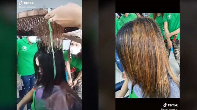 Viral Salon Mengecat Rambut dengan Tampah (tiktok.com/@arjan_somporn)