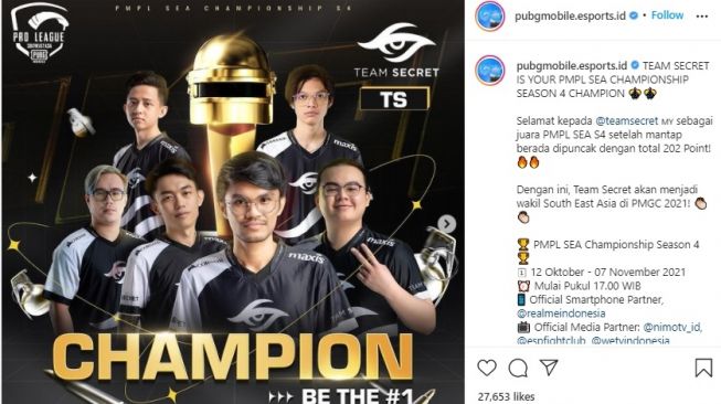 PMPL SEA Season 4, Team Secret menjadi juara. [Instagram] 