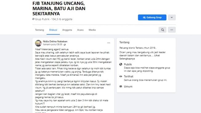 postingan tentang dugaan pelecehan terhadap keponakannya melalui grup media sosial Facebook FJB TAN. (screenshot)