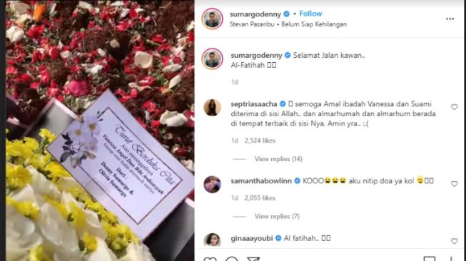 Momen Denny Sumargo Ziarah ke Makam Vanessa Angel. [Instagram/sumargodenny]