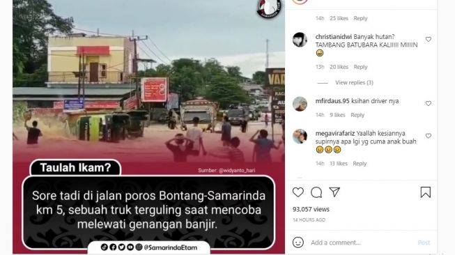 Truk Terguling di Jalan Poros Samarinda-Bontang, Warganet Sindir Penyebab Banjir: Tambang