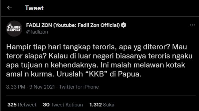 Cuitan Fadli Zon protes penangkapan teroris. (Tangkapan layar/Twitter)
